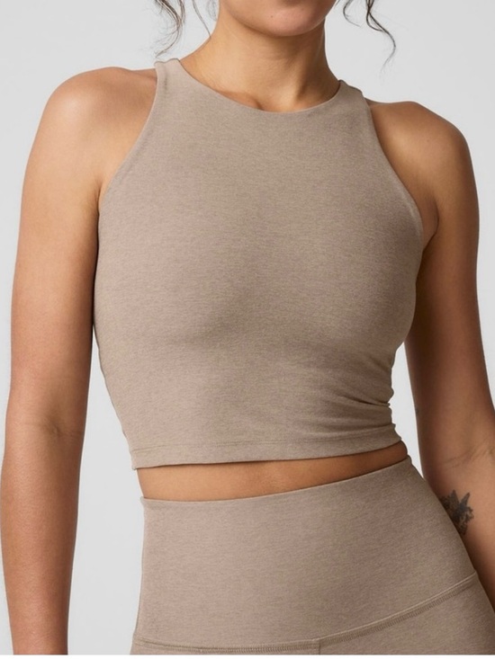 Beyond Yoga Tops - Beyond Yoga Spacedye Refocus Cropped Tank with Shelf Bra Birch Heather Beige XS